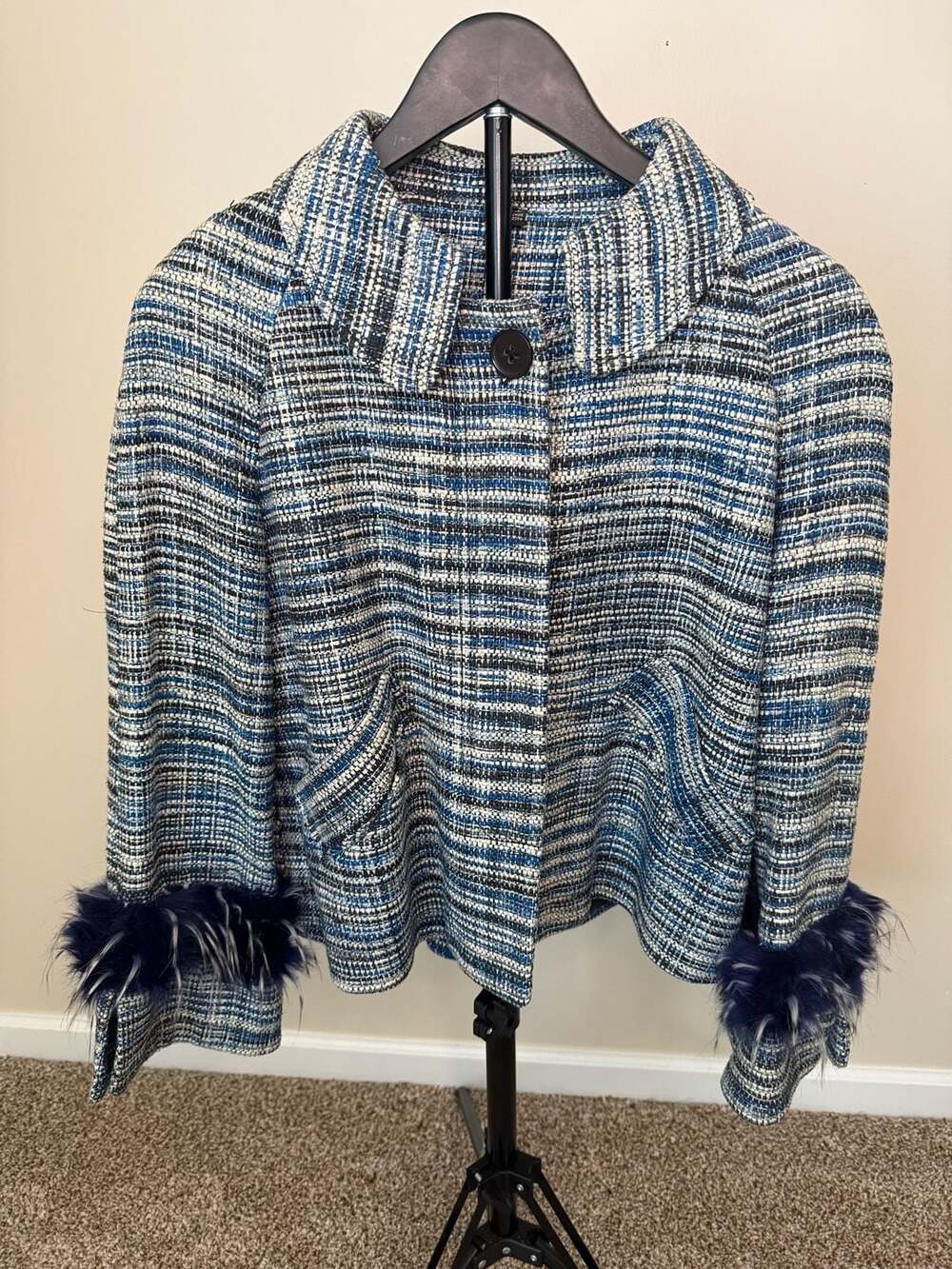 100% Silk lined Blue Tweed Jacket with‎ Fur Cuffs size -6